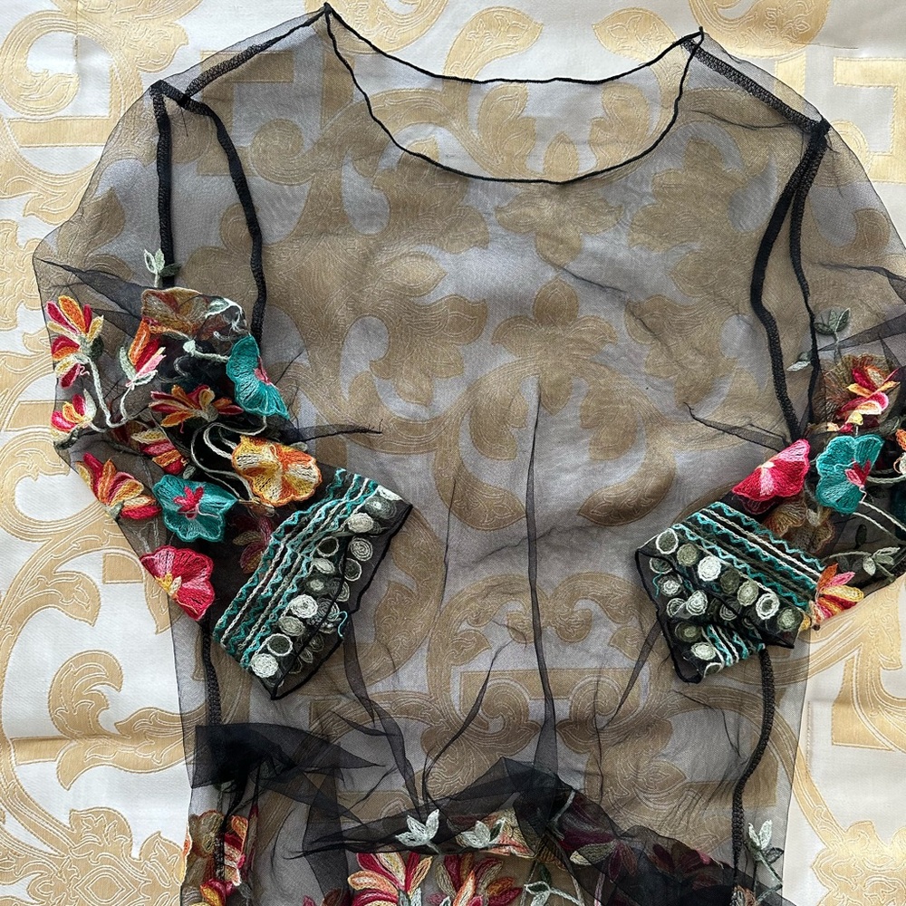 Floral Embroidered Sheer Black Dress - Picture 6 of 9